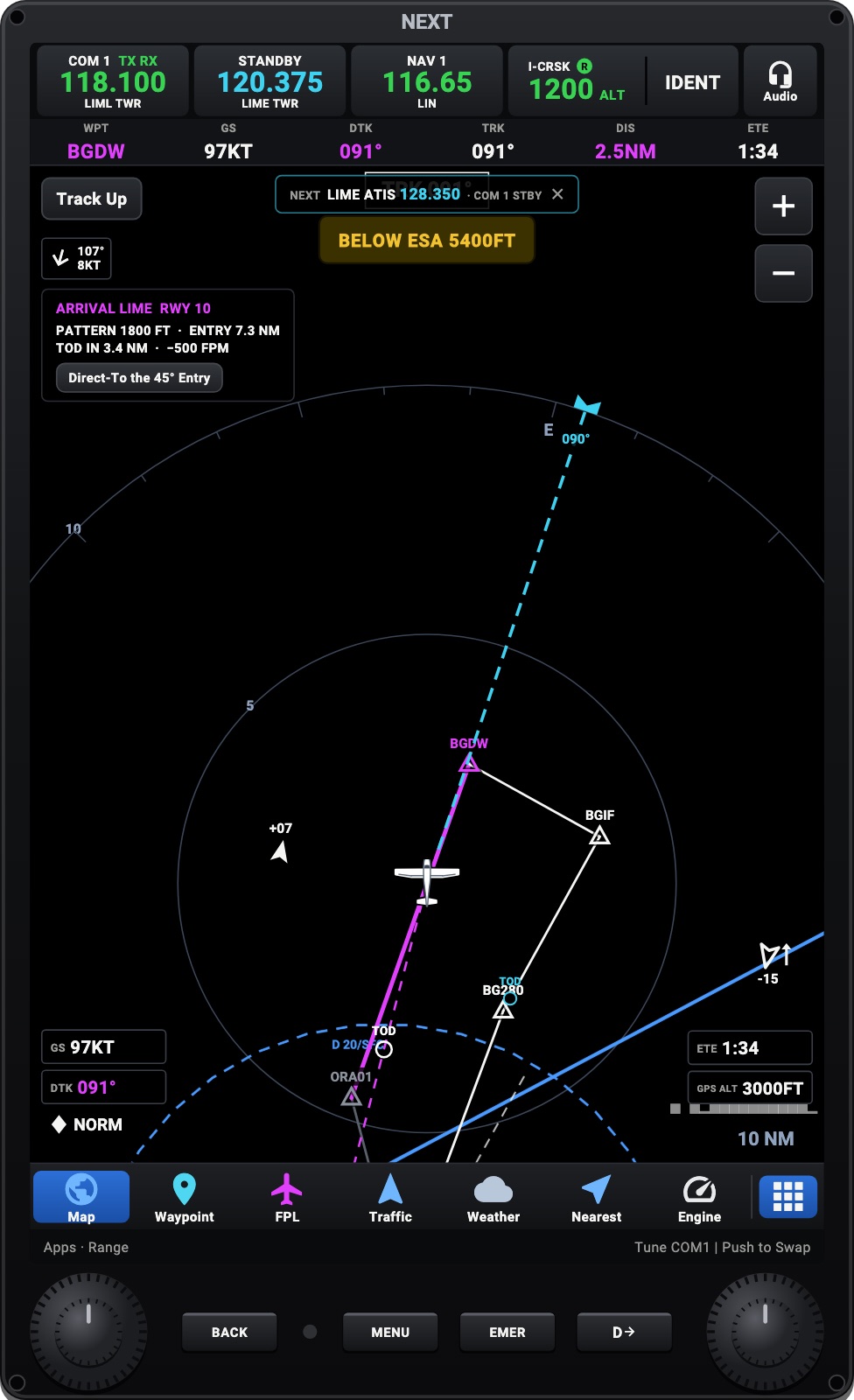 The moving map with a VFR arrival