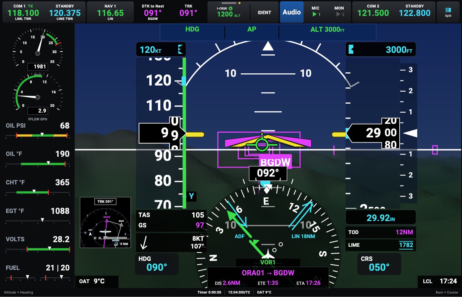 The flight display at night