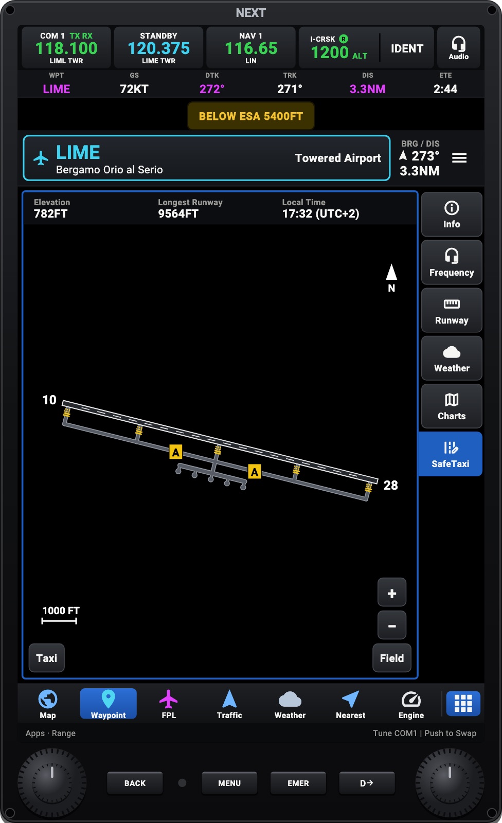 An airport diagram: the runways and the taxiways with their names
