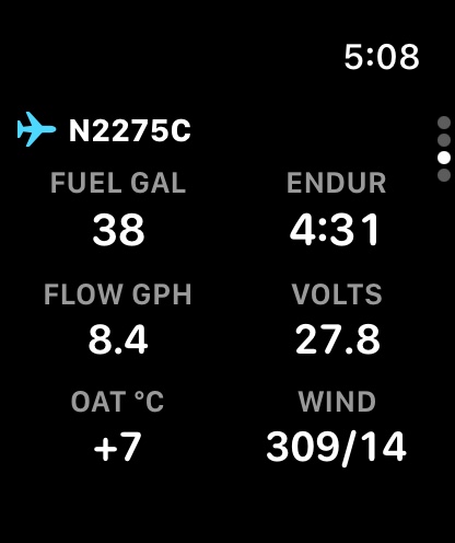 The aircraft page: the tail number, fuel and endurance, flow, volts, the outside air and the wind
