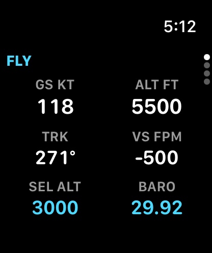The FLY page: groundspeed, altitude, track, vertical speed, the selected altitude and the baro setting