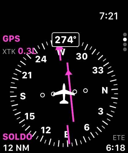 The HSI page: a heading-up compass card with the course pointer and its deviation, the waypoint, its distance and ETE