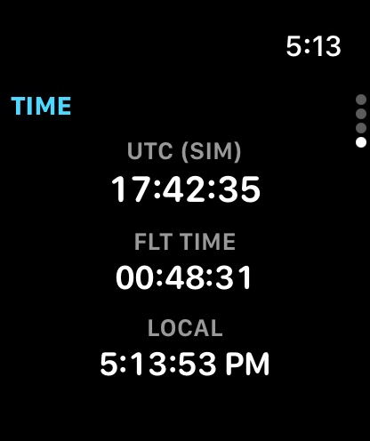 The TIME page: the simulator's UTC, the flight time and the local time